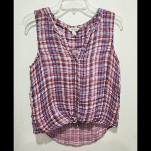 Lucky Brand Sleeveless Top Size Medium Plaid Button Down with Tie Pink Red Blue